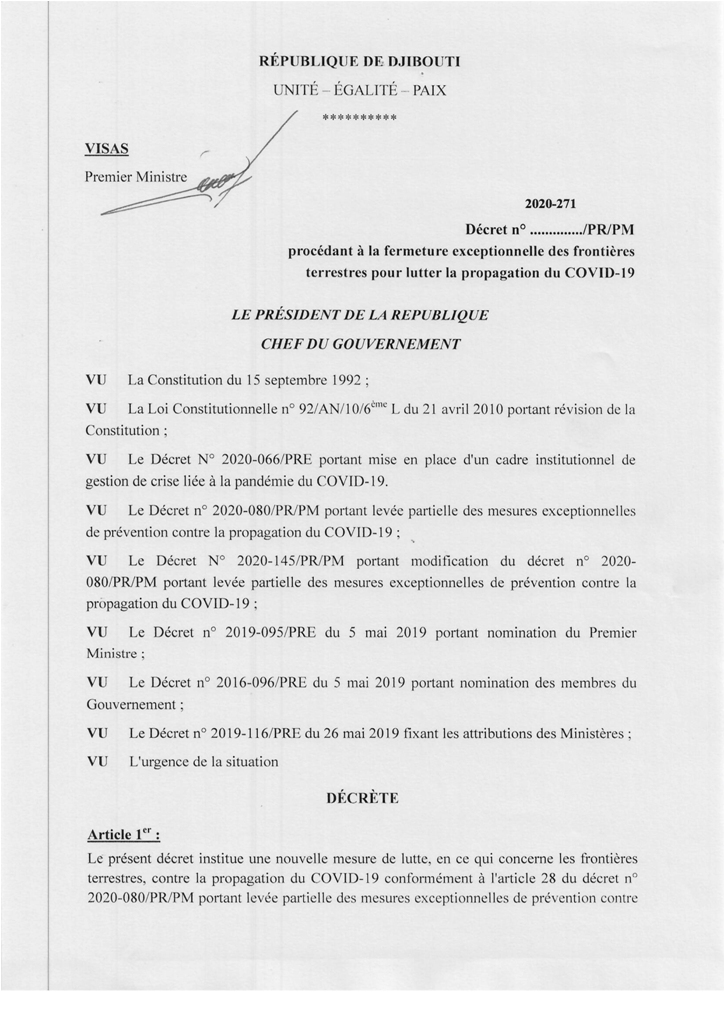 Fermeture des frontières terrestre à la circulation des personnes physiques