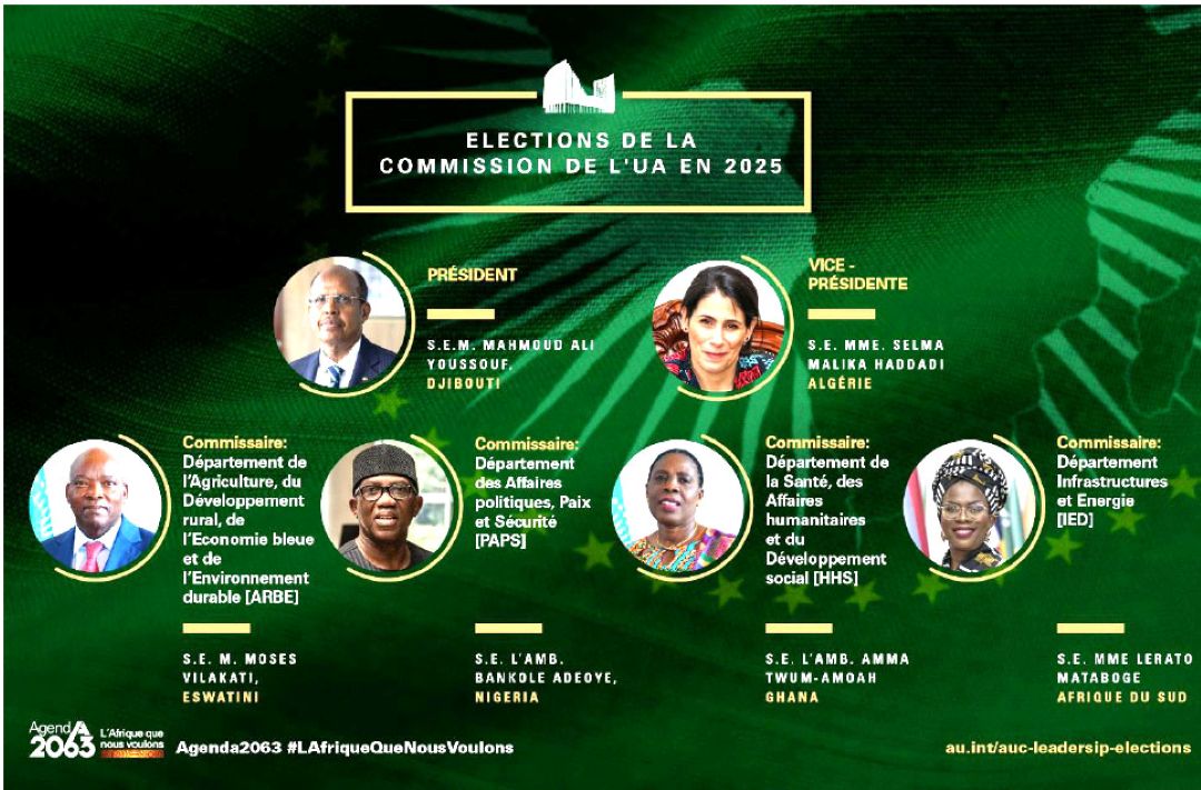 S.E.M. Mahmoud Ali Youssouf, S.E. l’Amb. Selma Malika Haddadi, et 4 commissaires élus à des postes Suprême lors des élections de la Commission de l’Union Africaine